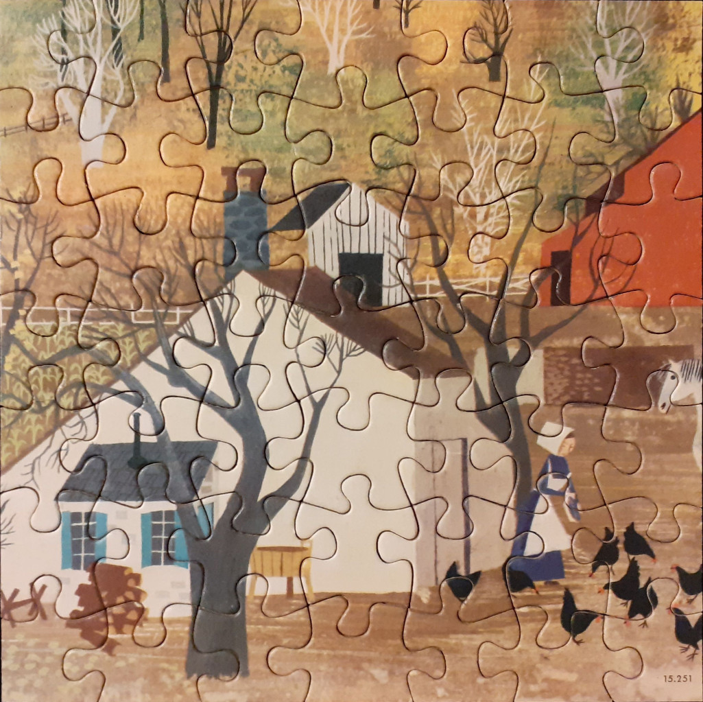 Folk art illustration of a woman feeding chickens at a farmhouse in autumn.