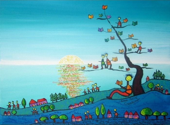 A whimsical illustration of a person sitting under a tree filled with flying books against a sunlit sea landscape.
