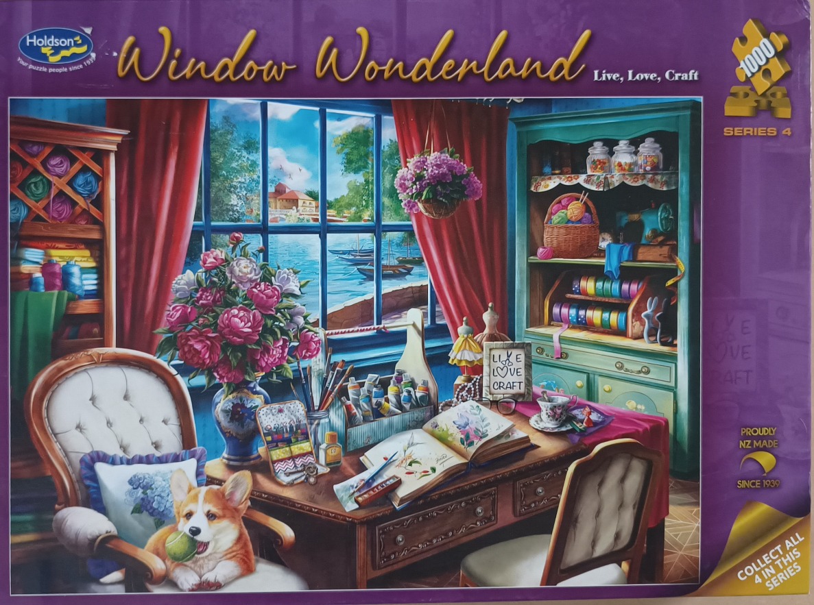 An illustration of a cozy craft room with a corgi sitting on a chair, overlooking a scenic lake through a large window.