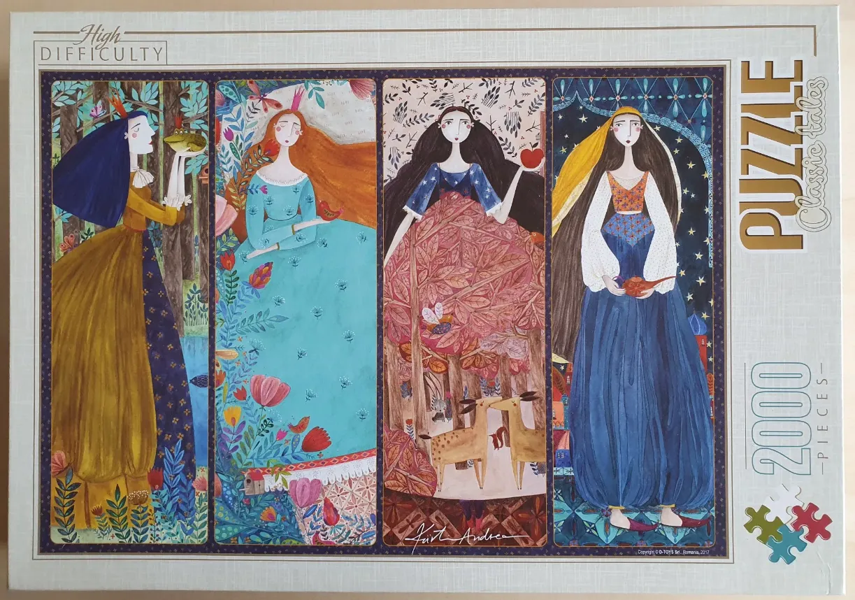 Four illustrated panels showing fairytale-inspired women in ornate, whimsical clothing and nature settings.