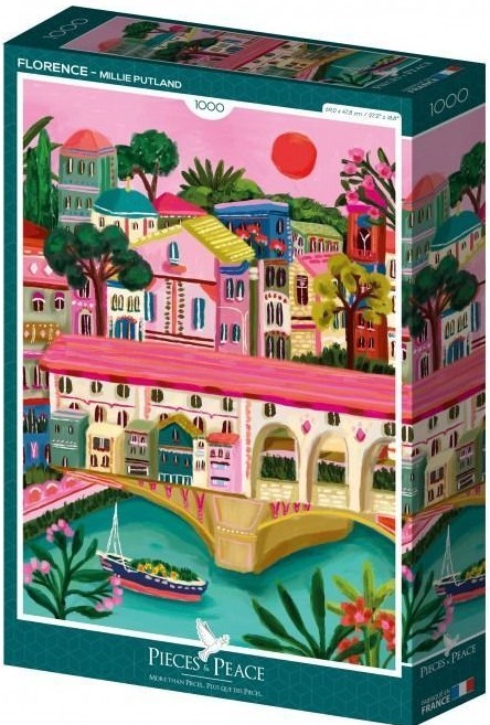 An illustrated, stylized depiction of Florence featuring pink buildings, a bridge, and a river under a vibrant pink sky.