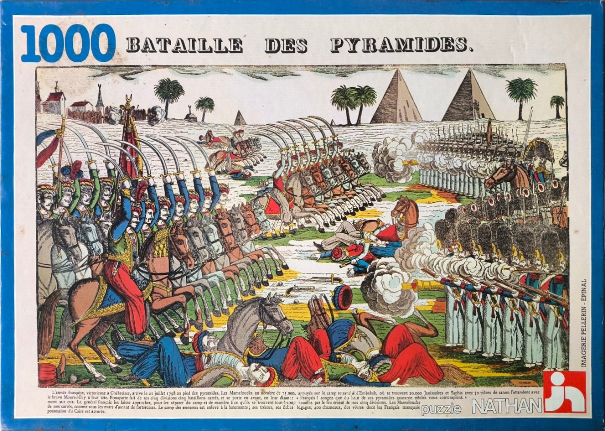 Historical print depicting the Battle of the Pyramids with Mamluk cavalry and French infantry.