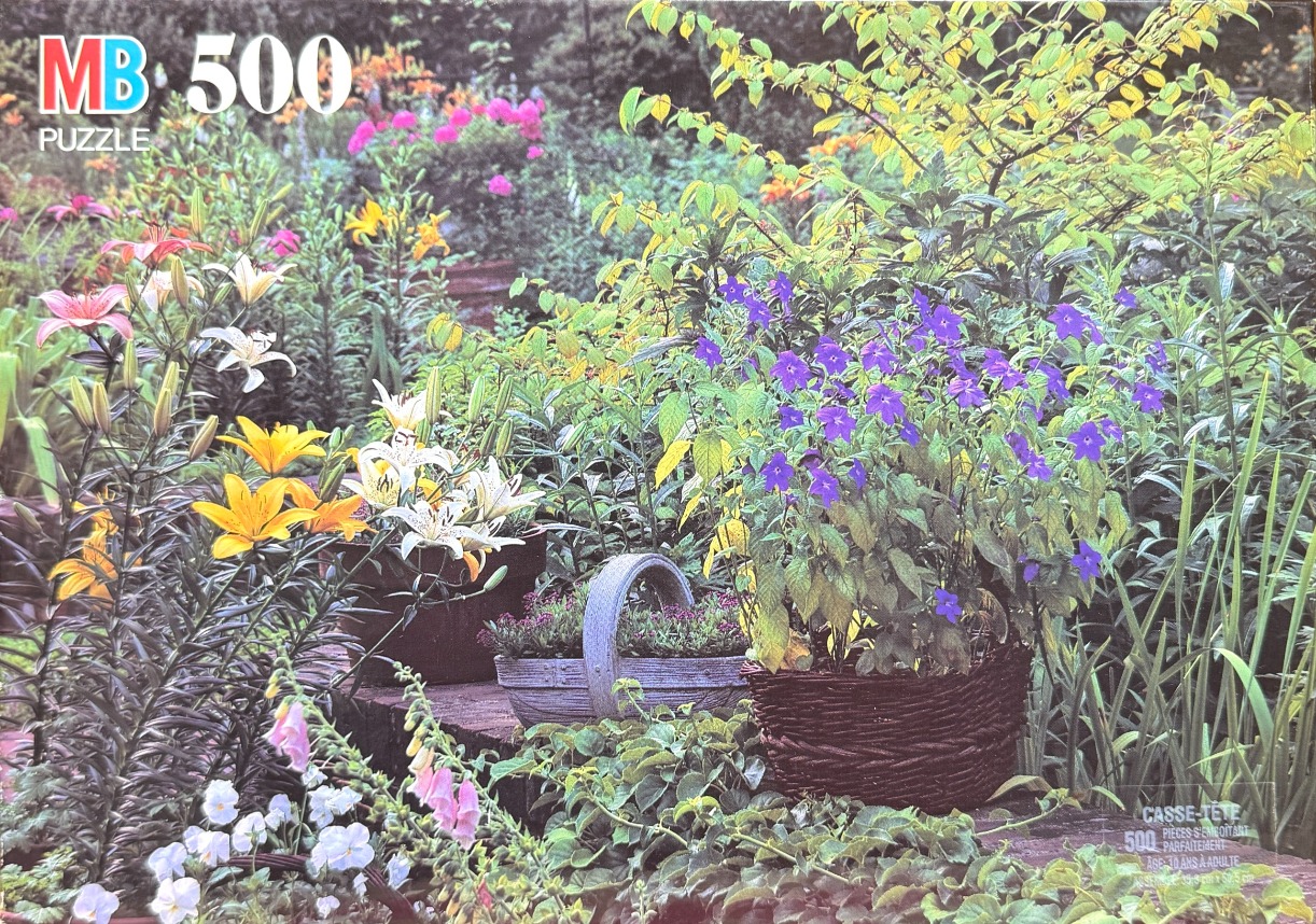 A lush garden scene filled with vibrant lilies, purple flowers, and wicker baskets on a stone path.