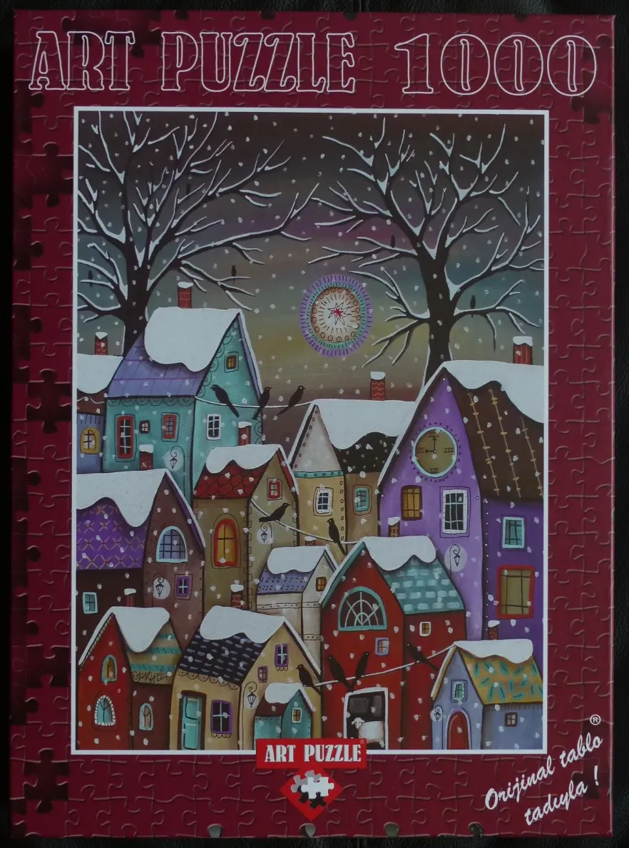 A whimsical folk-art style illustration of a snowy village at night with colorful houses and black birds.