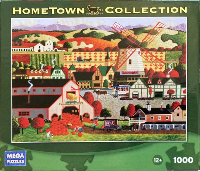 Folk art illustration of a harvest scene with a pumpkin barn, a windmill, and rolling hills.