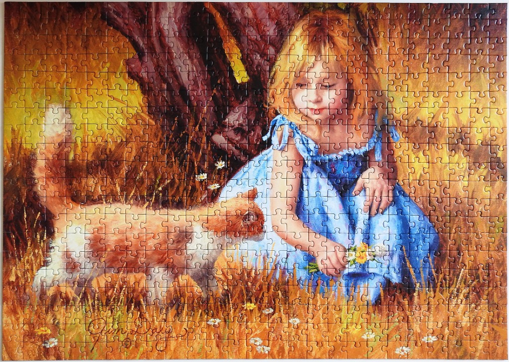 A girl in a blue dress with a ginger cat in a golden field.