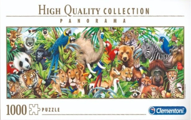 A dense panoramic illustration of various wild animals from around the world gathered in a lush tropical jungle.