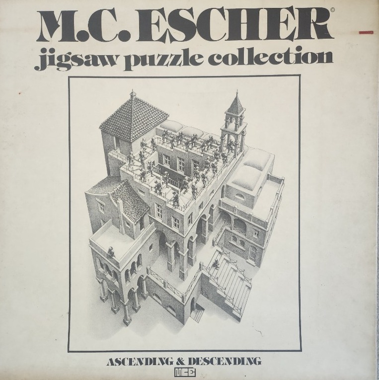 A black and white lithograph of an impossible stone building with a never-ending staircase on the roof.