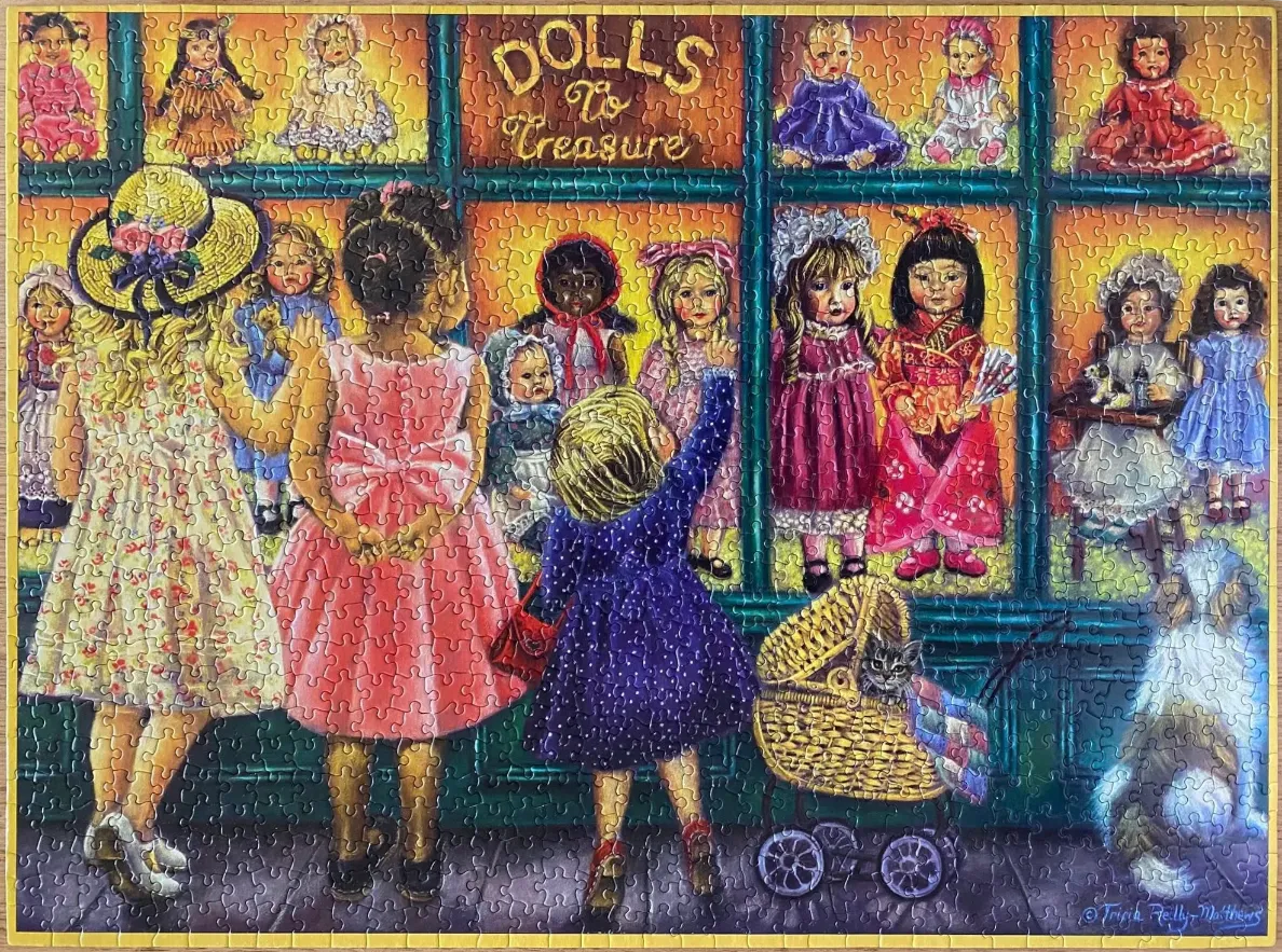 Three young girls looking into a toy store window display filled with antique-style dolls.