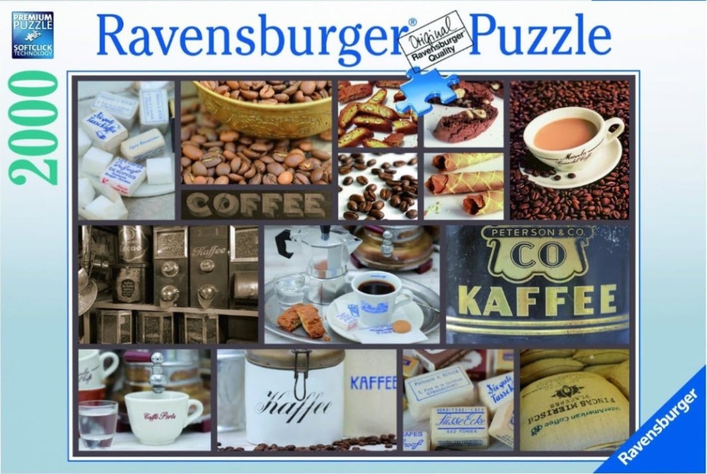 A collage of various coffee-related items including beans, cups, and vintage tins.