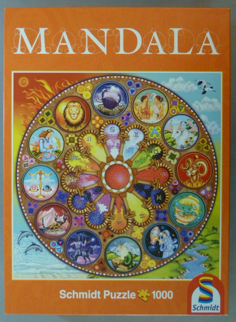 Circular zodiac mandala illustration featuring twelve astrological signs surrounded by elemental landscapes.