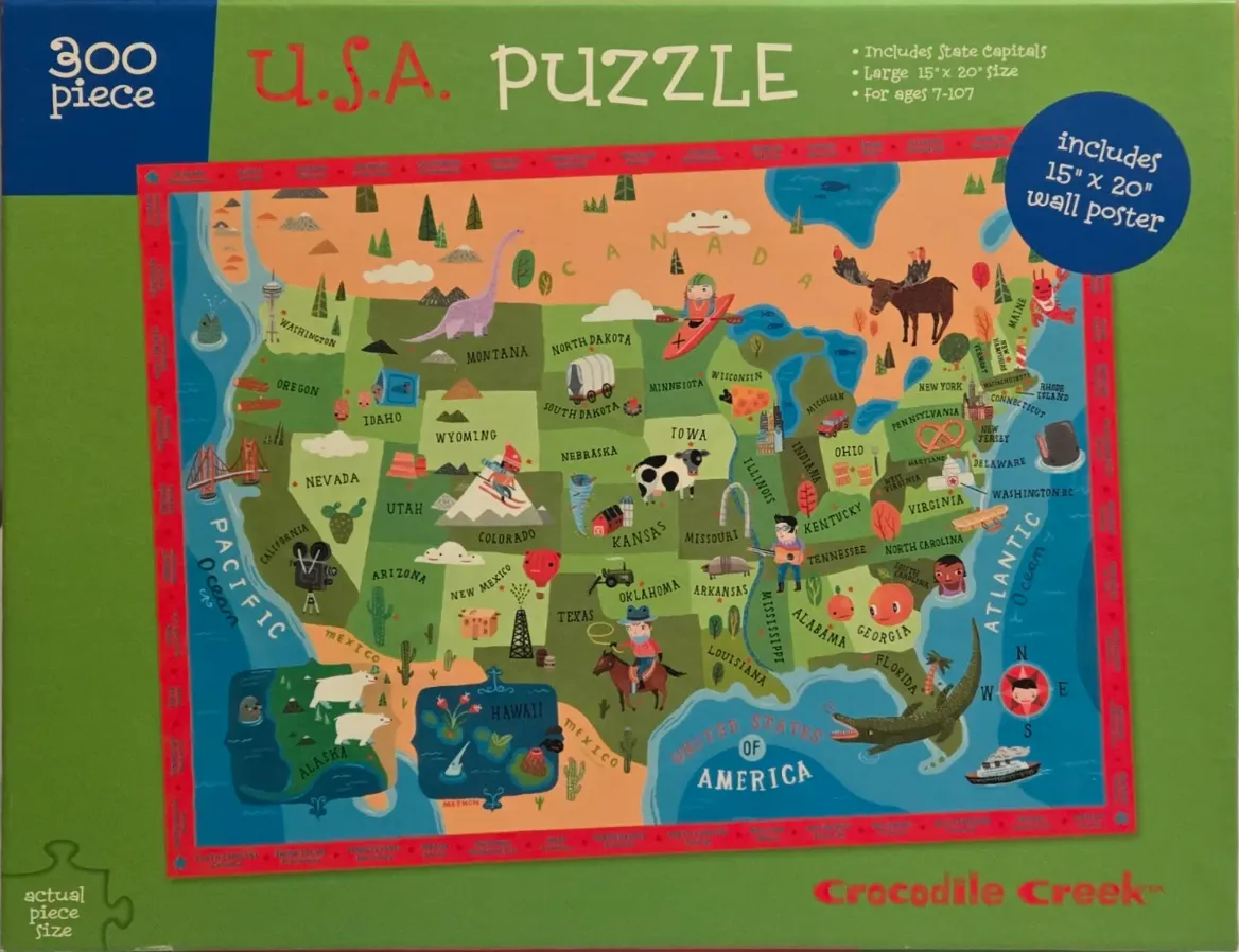 A colorful, illustrated map of the United States featuring playful icons and landmarks across different states.