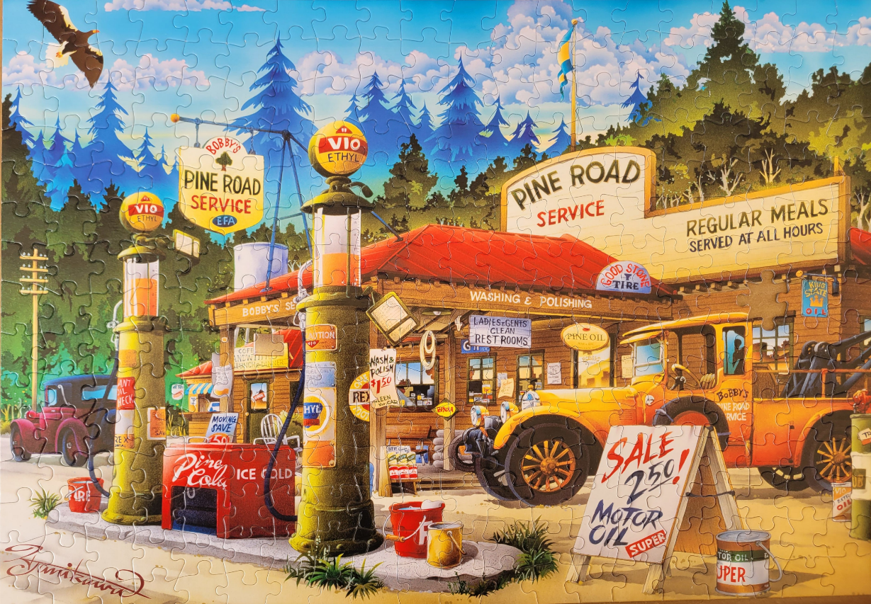Nostalgic illustration of a vintage Pine Road Service gas station with antique vehicles and an eagle flying overhead.