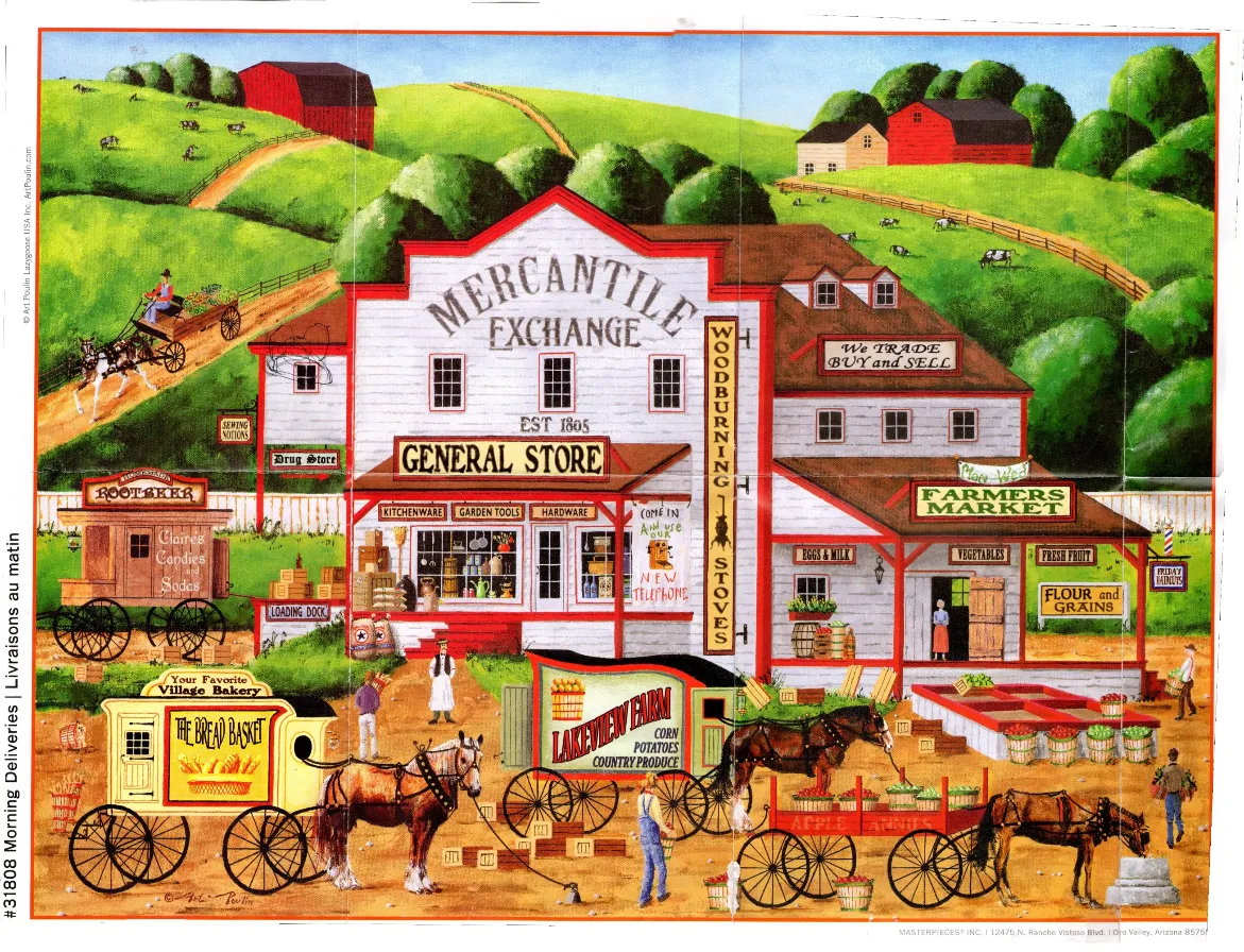 A folk-art style painting of a 19th-century mercantile exchange and village market with horse-drawn wagons.