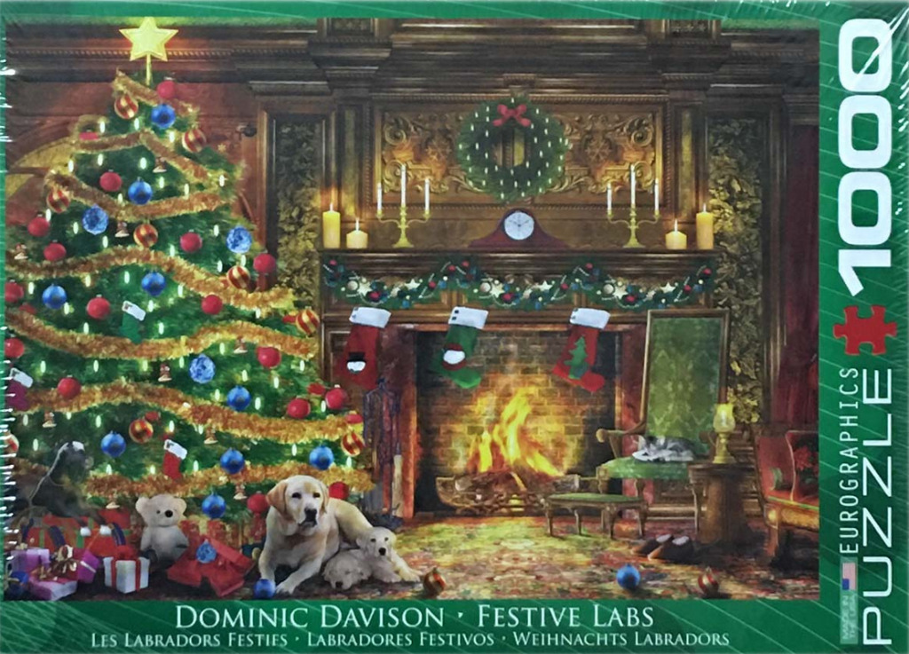 A golden Labrador and puppy sit by a lit Christmas tree and fireplace in a cozy, traditionally decorated room.