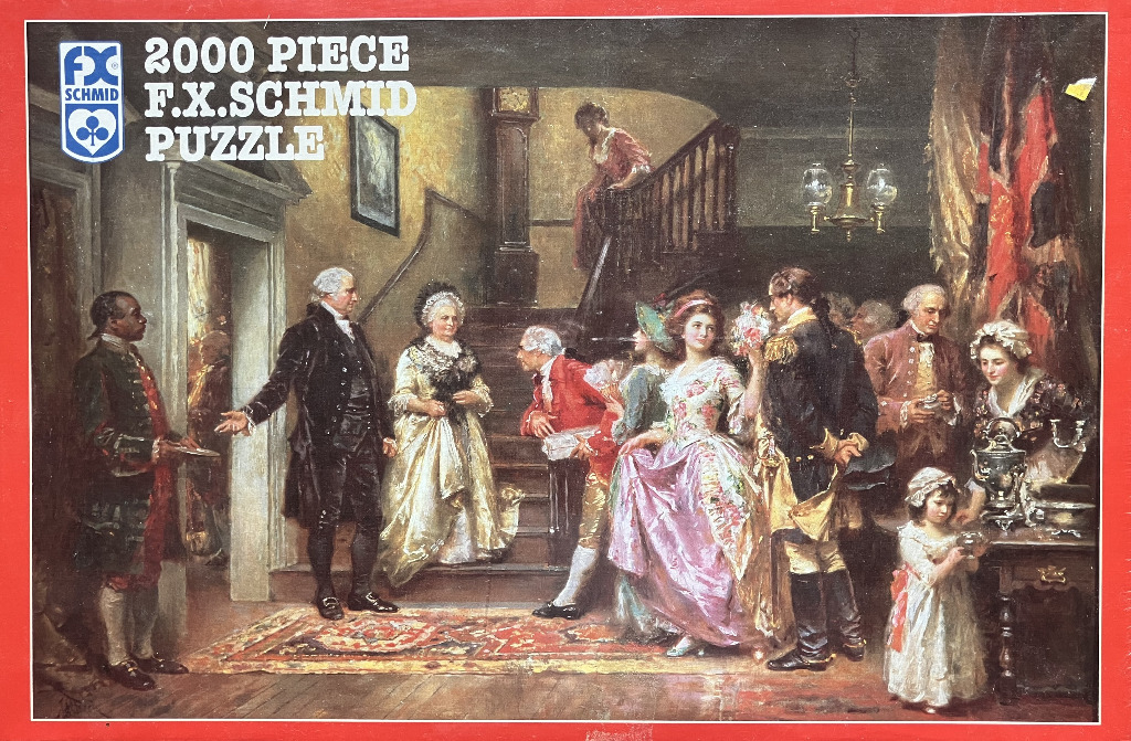 Oil painting of a colonial-era formal gathering in an 18th-century grand foyer.