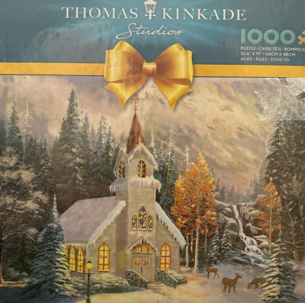 A cozy winter church scene nestled in a snowy pine forest with a nearby waterfall and grazing deer.