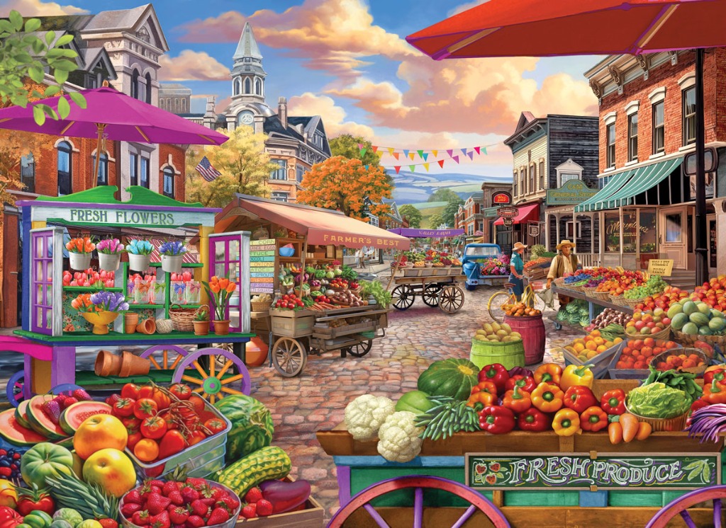 A bustling outdoor farmers market in a small, historic town with vibrant stalls of fresh produce and flowers.