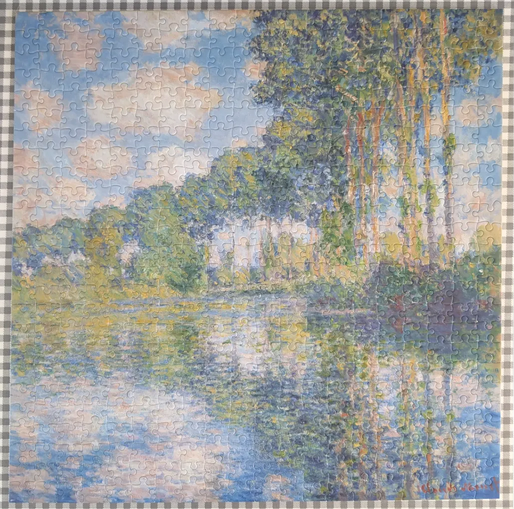 Impressionist oil painting of a riverbank with a row of tall trees under a cloudy sky.
