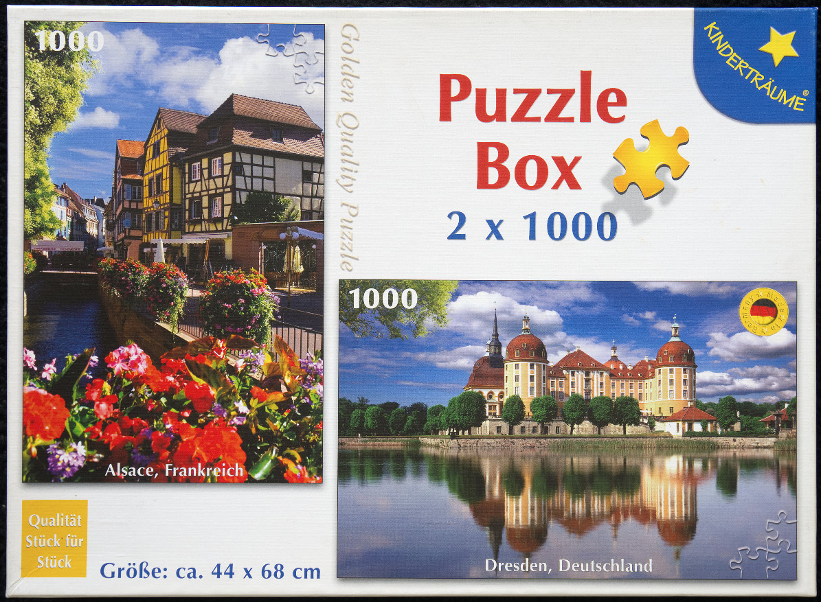 Two scenic European landscapes: a half-timbered town canal in Alsace and the Moritzburg Castle in Dresden.