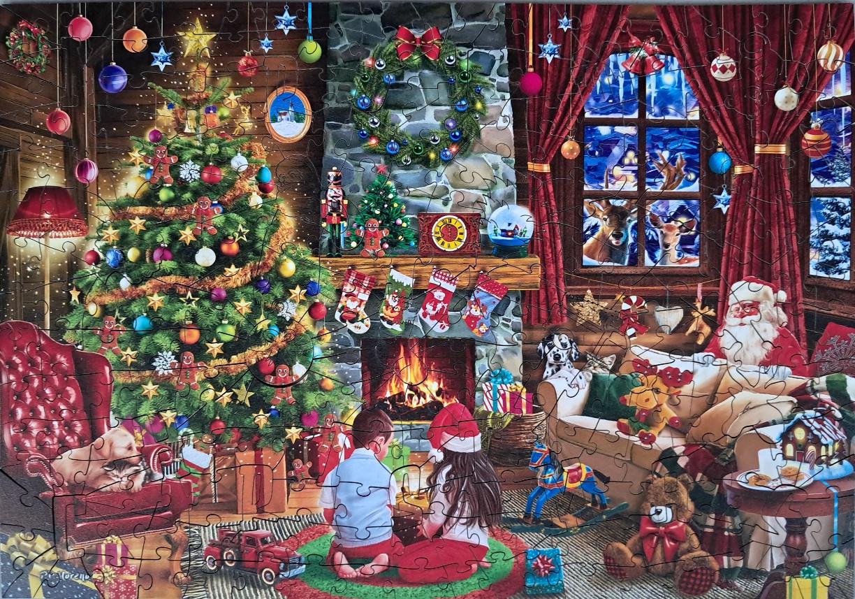 Cozy Christmas scene with a decorated tree, fireplace, two children, and Santa Claus in a warm, festive living room.