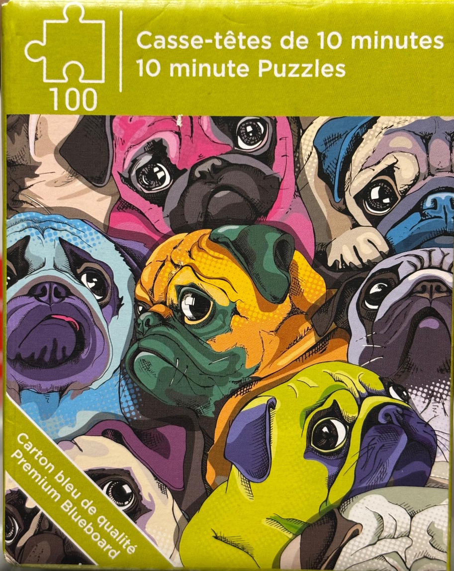 Pop art illustration of multiple pug dogs in vibrant, contrasting colors overlapping one another.