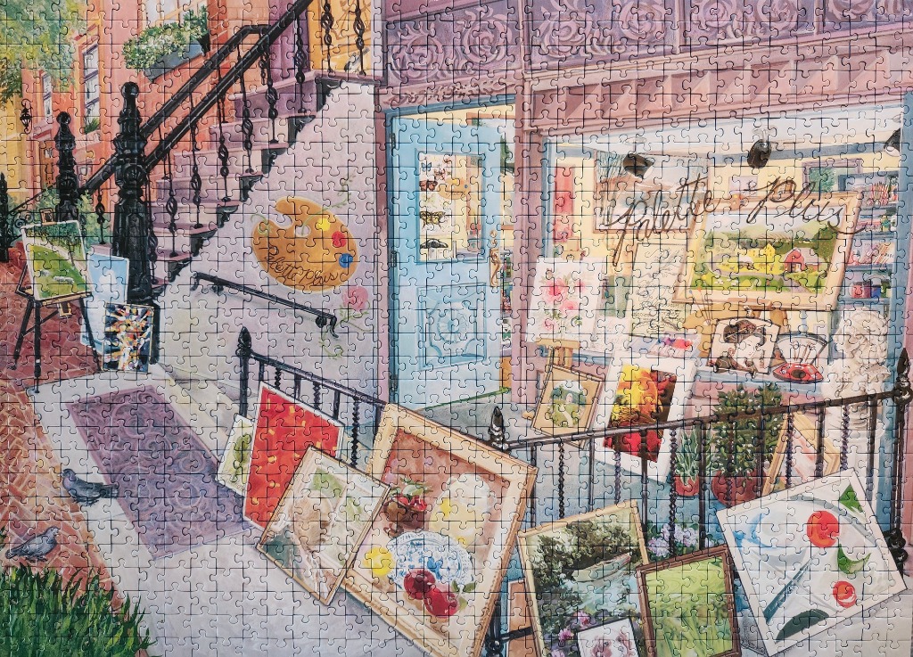A charming watercolor illustration of an art gallery storefront with paintings displayed on the sidewalk.