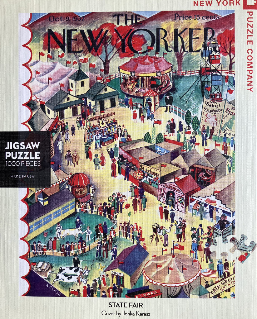 A vintage illustration of a busy state fair with crowds, tents, a merry-go-round, and livestock exhibits.