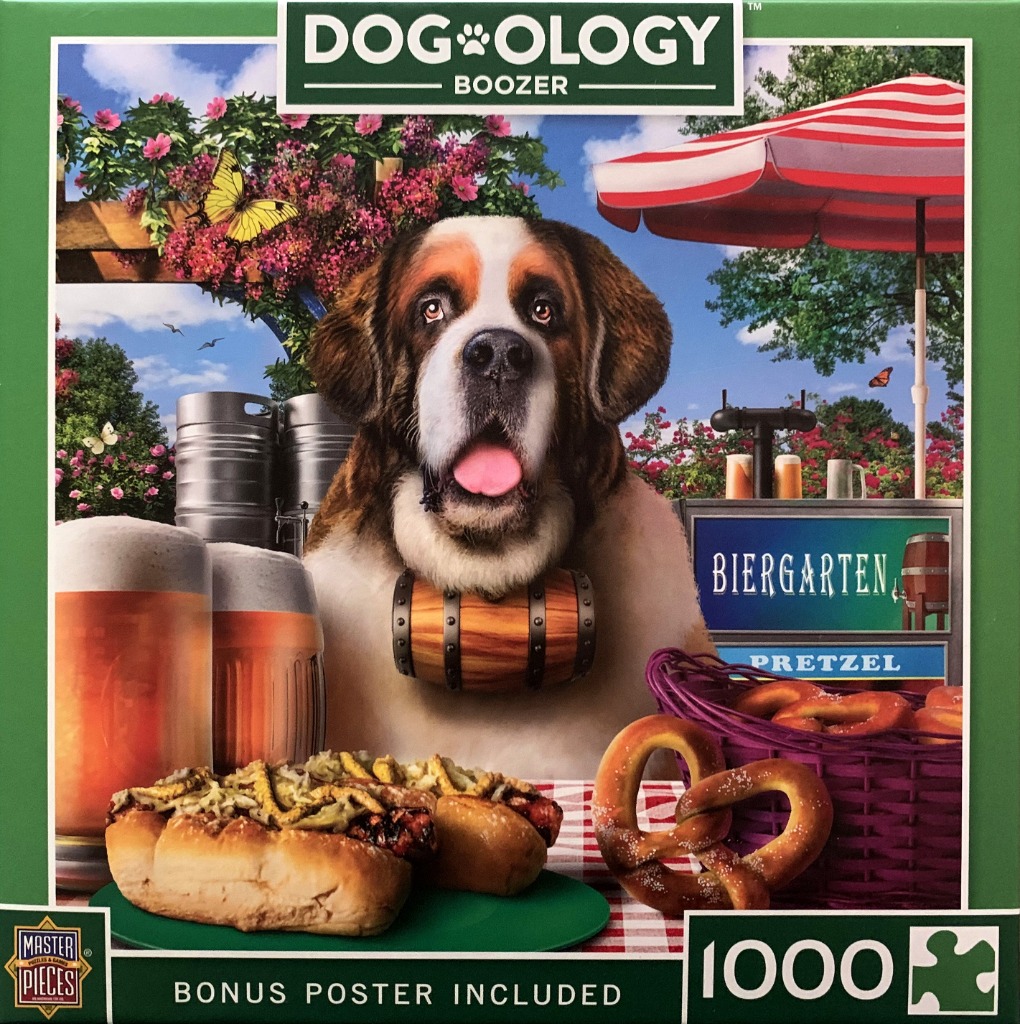 A St. Bernard dog wearing a small barrel around its neck, situated in a beer garden setting with food and drinks.