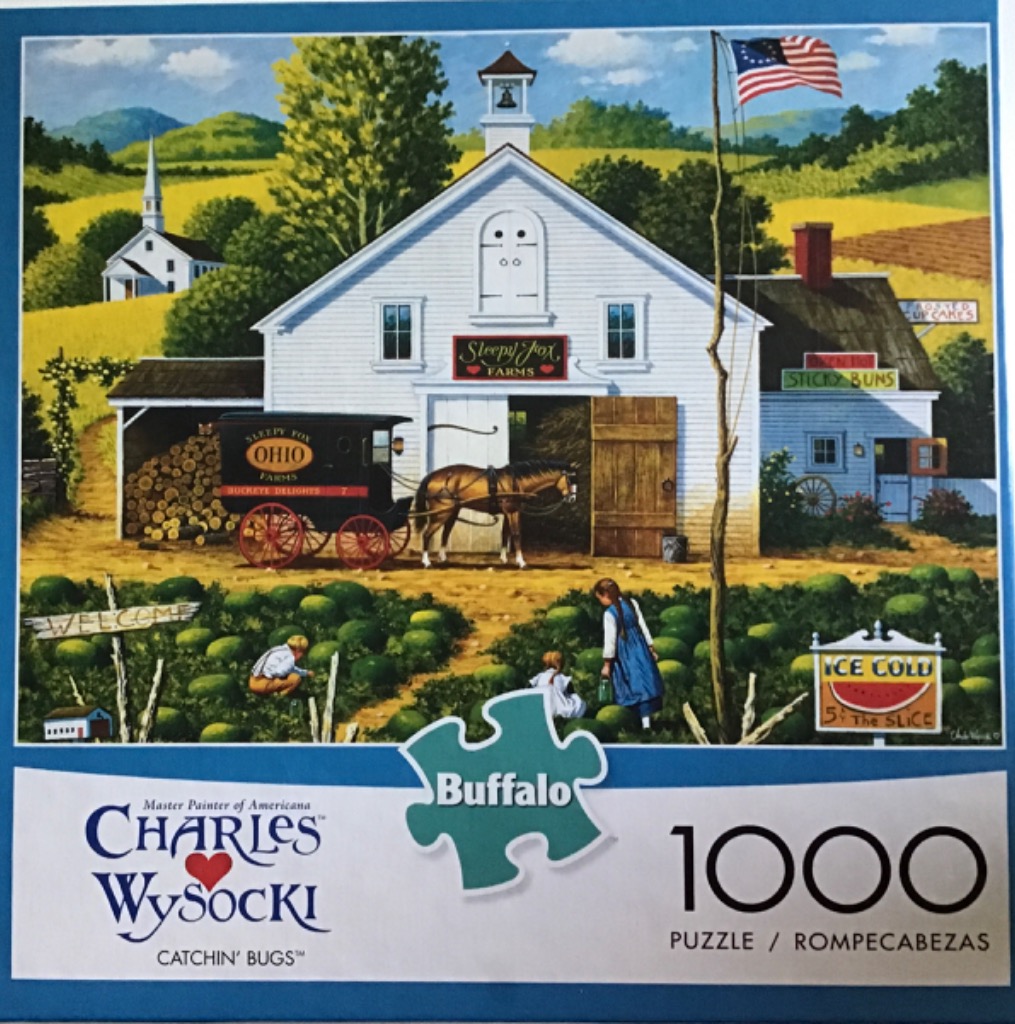 A countryside scene featuring a white barn, a horse-drawn carriage, and children picking watermelons.