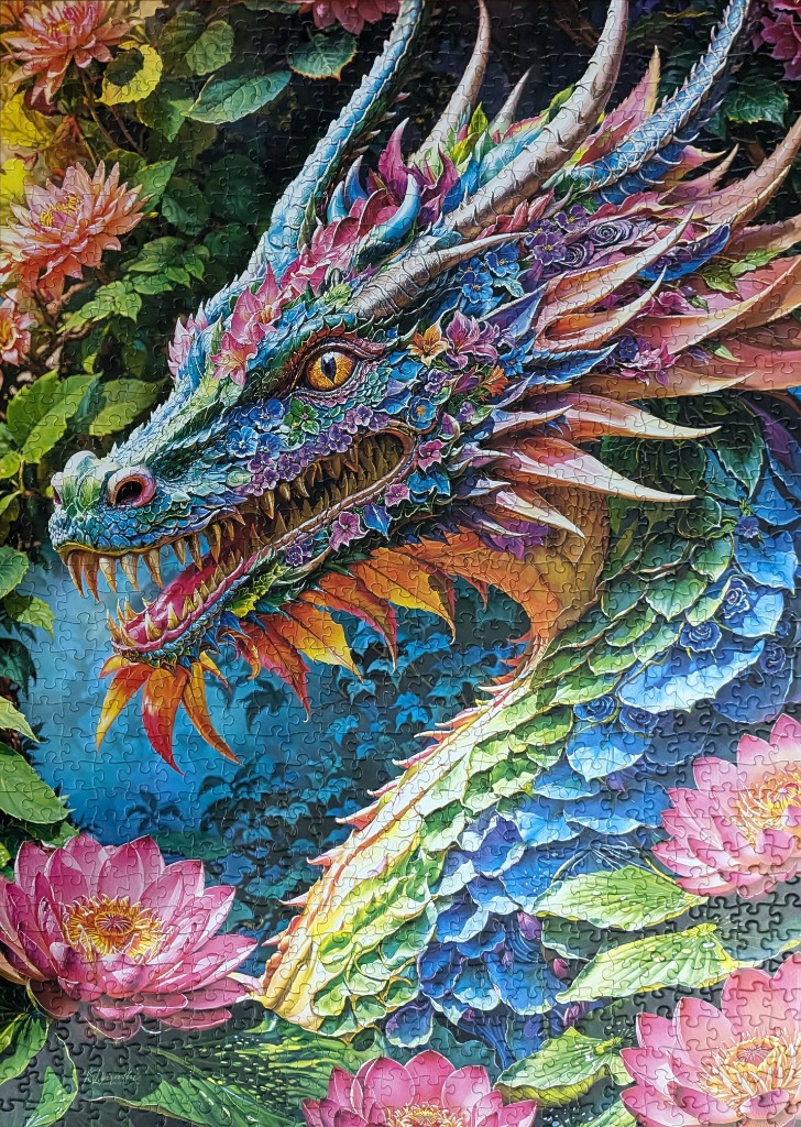 A fantasy dragon with scales made of colourful flowers and leaves, surrounded by lotus blossoms.