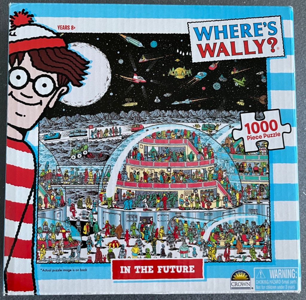 A busy cartoon illustration featuring Wally in the foreground and a futuristic moon base in the background.