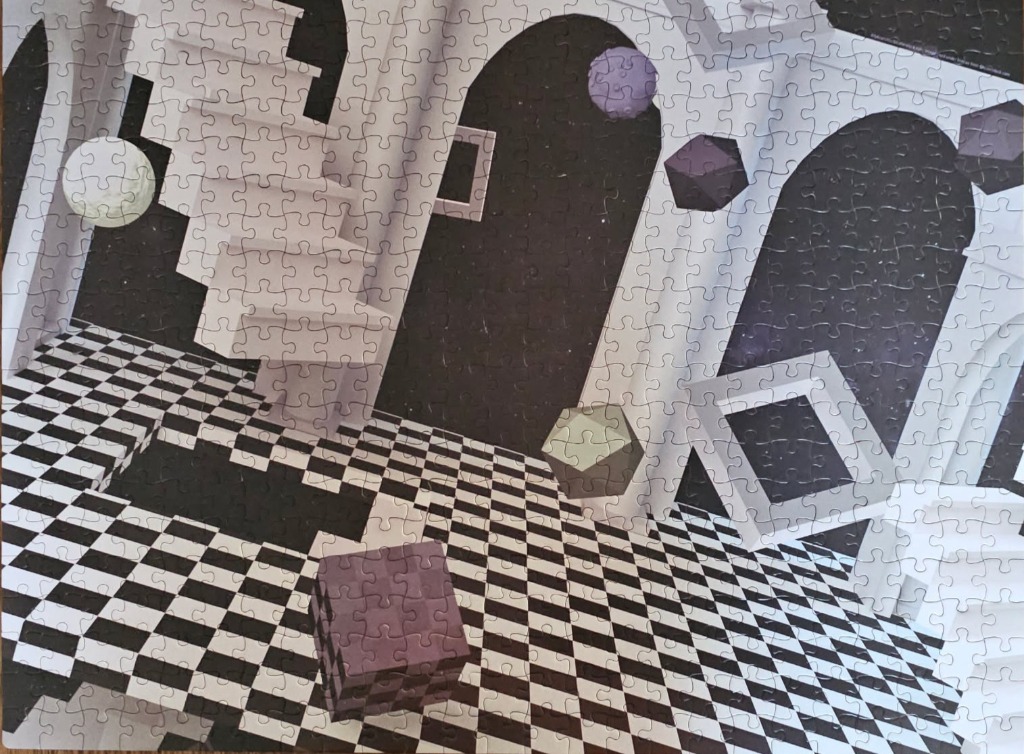 Surreal architectural scene with floating geometric shapes and a black and white checkered floor.
