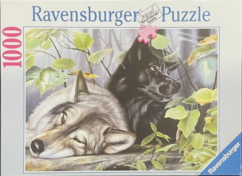 A grey wolf resting its head on a log beside a black wolf in a woodland setting with a small fairy figure nearby.