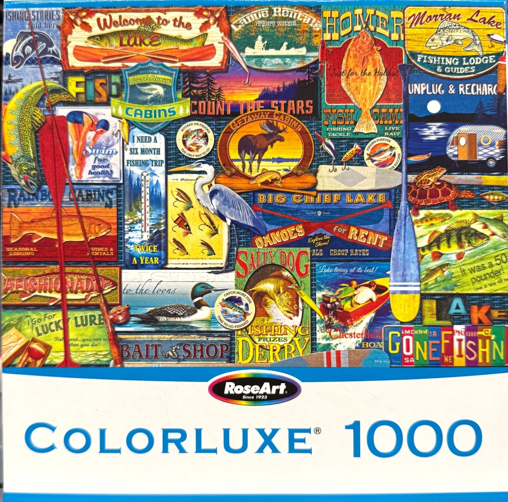 A collage of vintage-style fishing, camping, and lake-themed advertisements and signs.