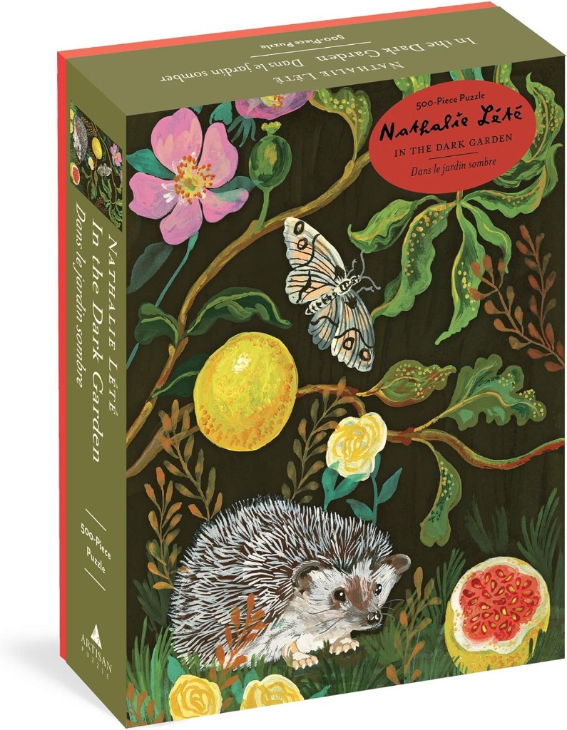 An illustration of a hedgehog, a moth, and various flowers against a dark, moody forest background.