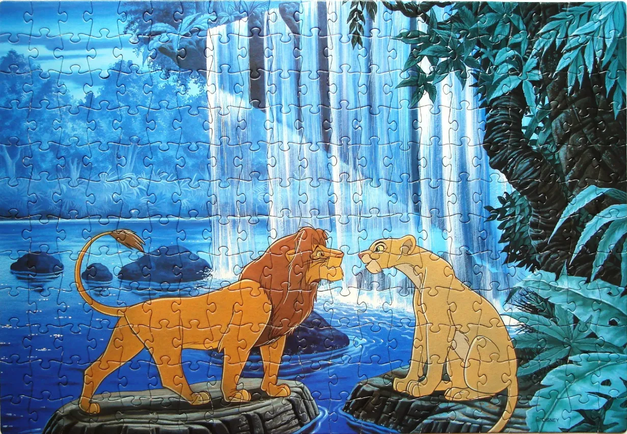 Simba and Nala meet in front of a waterfall in an animated jungle scene