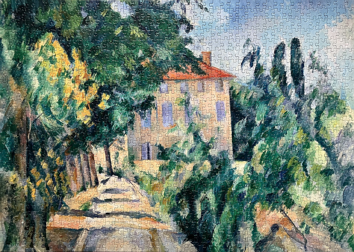 Impressionist oil painting of a house nestled among lush green trees and a garden pathway.