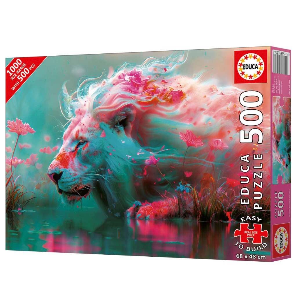 A majestic lion with a flowing mane made of flowers and light, in a dreamy teal and pink color palette.