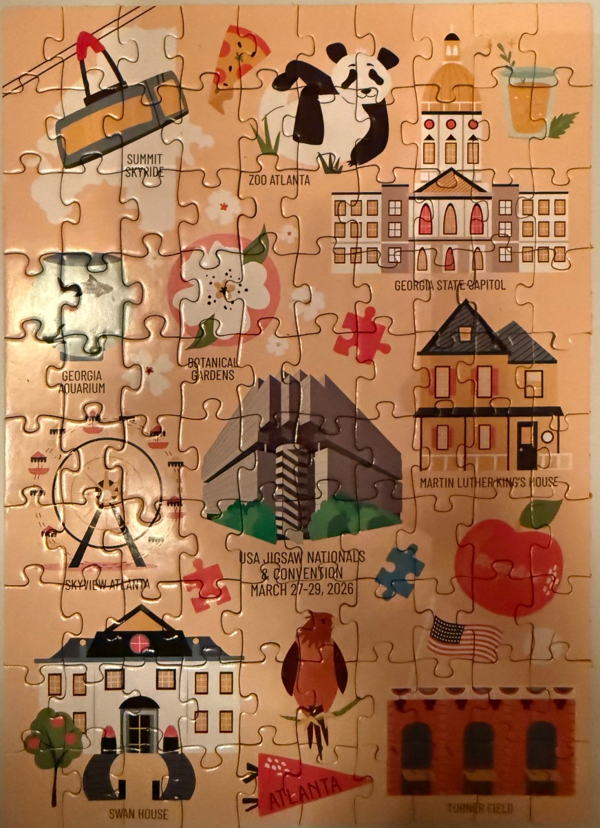 An illustrated map of Atlanta landmarks on a peach-colored background.