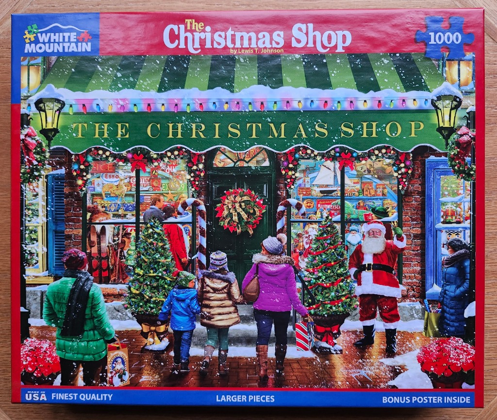 Illustration of a charming Christmas shop storefront with a welcoming Santa, shoppers, and festive decorations.