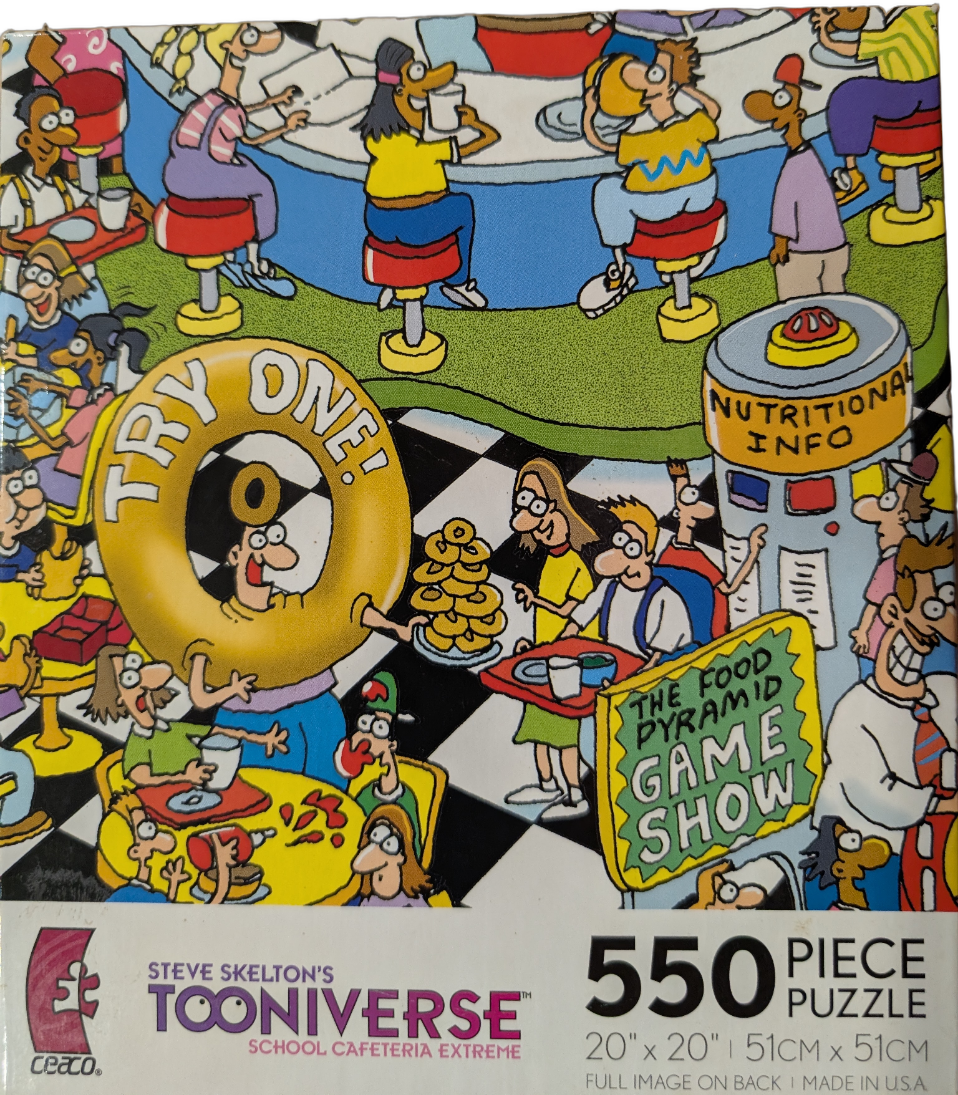 Cartoon illustration of a chaotic, brightly colored school cafeteria scene with characters eating and playing games.