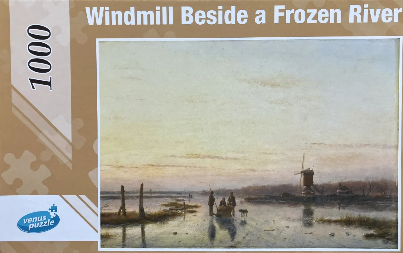 Oil painting of a winter scene featuring figures on a frozen river with a windmill in the distance.