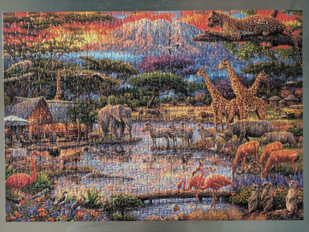 An illustration of an African savanna landscape at sunset with many animals including a leopard, giraffes, and elephants.