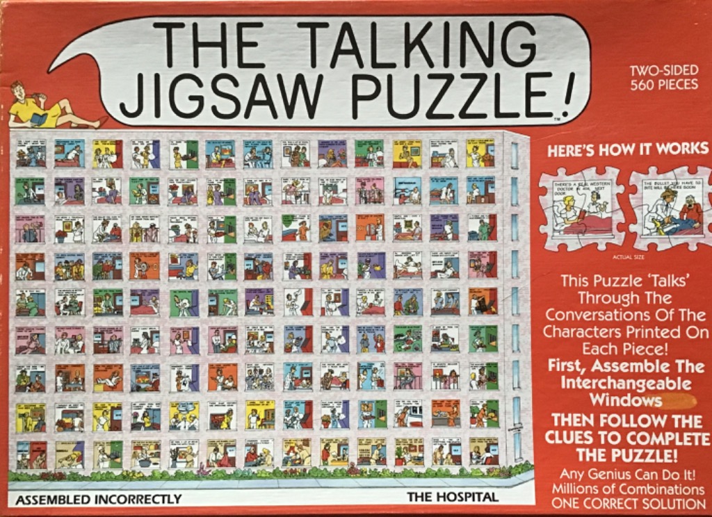 Cartoon illustration of a large hospital building grid with many windows containing small, unique scenes.