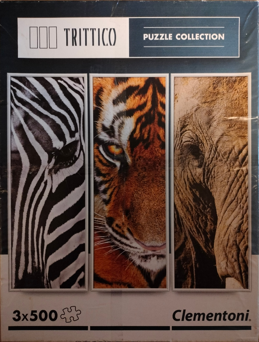 A triptych of close-up wildlife portraits featuring a zebra, a tiger, and an elephant.