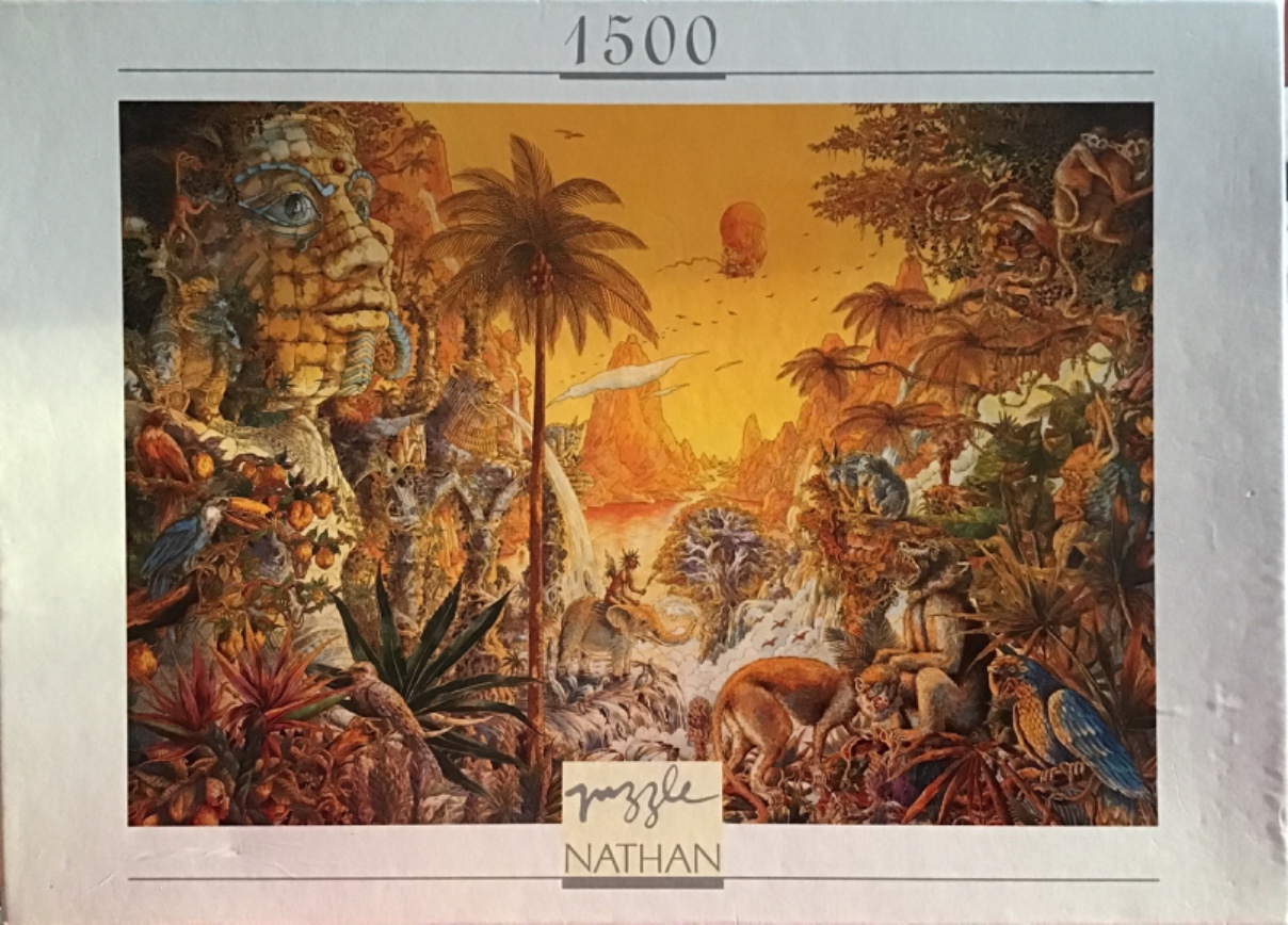 A fantasy jungle scene featuring a large stone face, exotic wildlife, and a golden sunset.