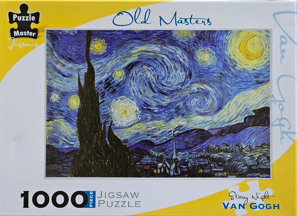 A reproduction of Vincent van Gogh's The Starry Night, featuring a swirling night sky above a quiet village.