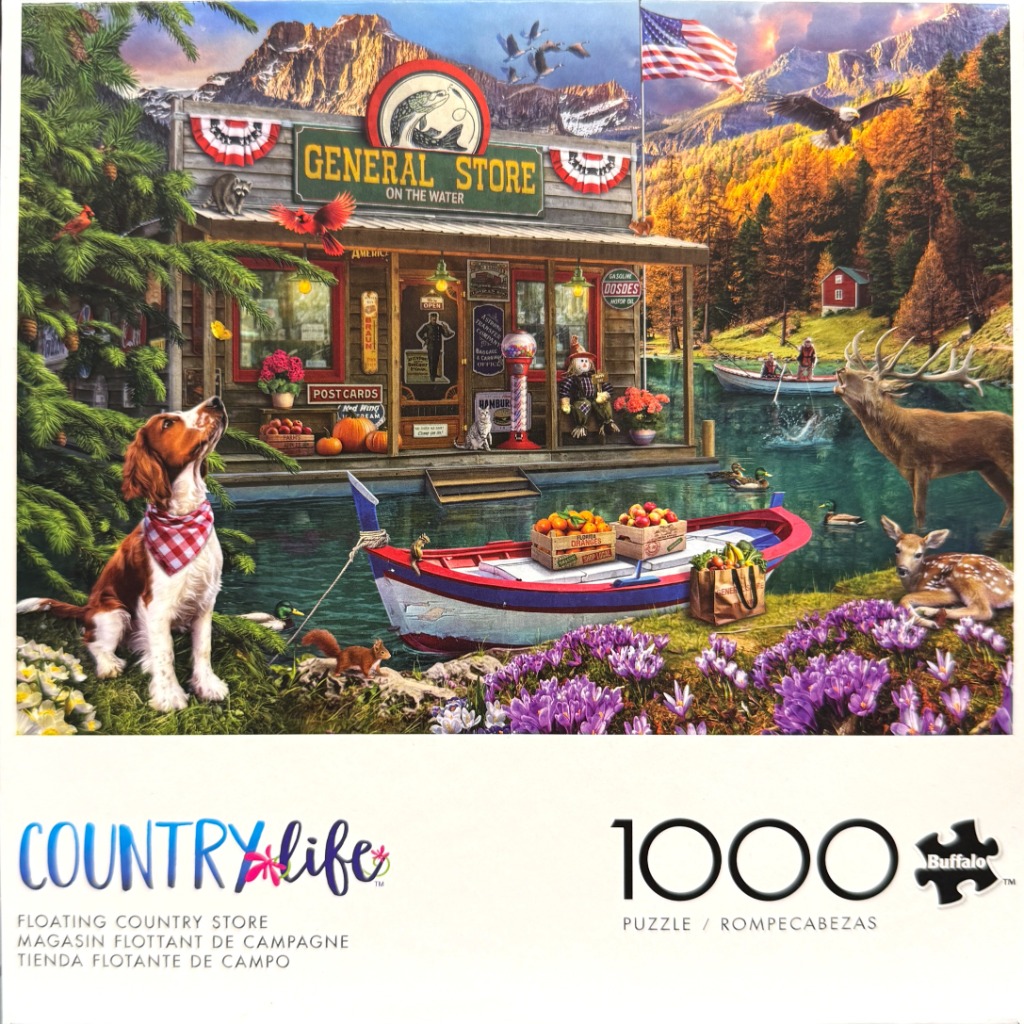 A nostalgic painting of a floating general store on a mountain lake surrounded by wildlife and autumn foliage.