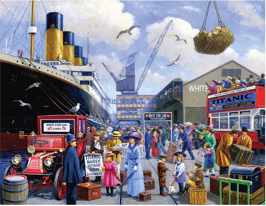A bustling 1912 dockside scene with passengers boarding the Titanic liner.